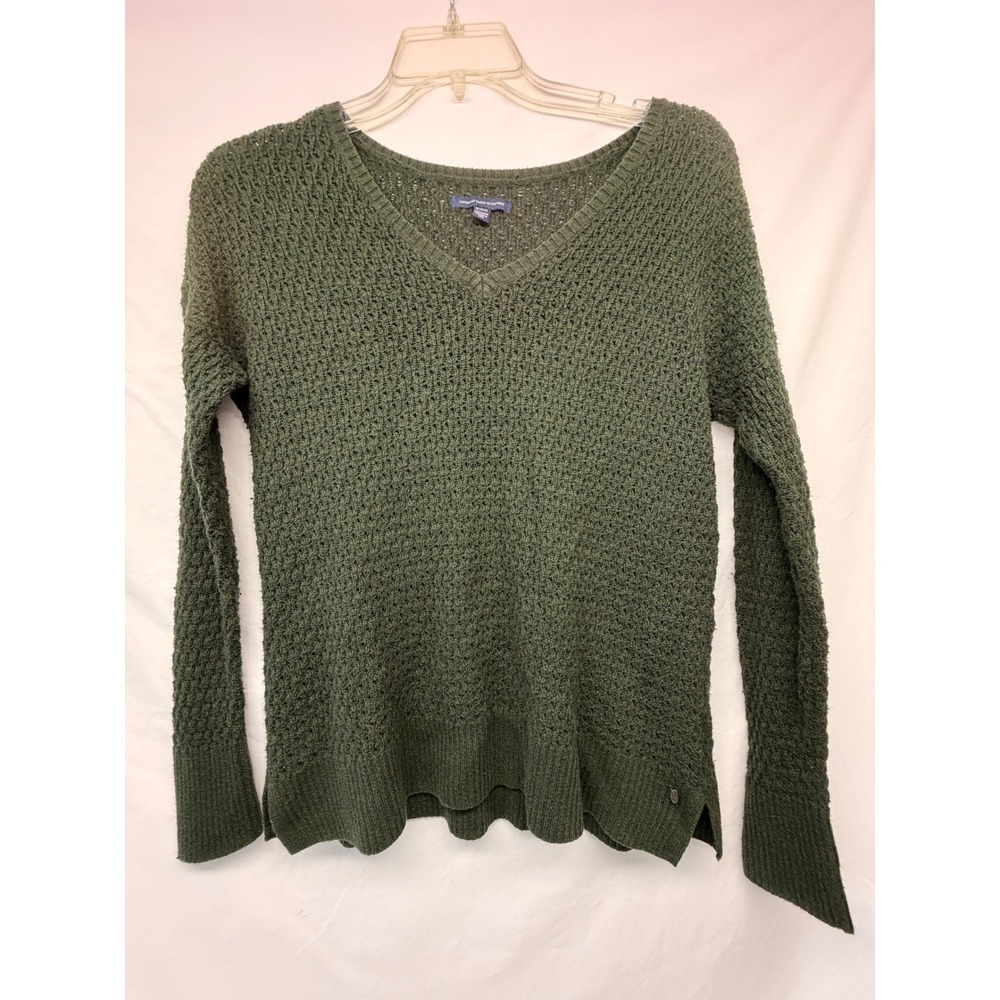 American Eagle Outfitters Womens Olive Green V-Neck Open Knit Sweater Size M